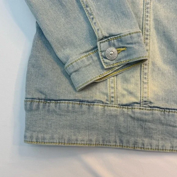 LuLaRoe Jaxon Denim Jacket‎ XL Light Wash Yellow Embroidered Boho Trucker Jean - Picture 8 of 13